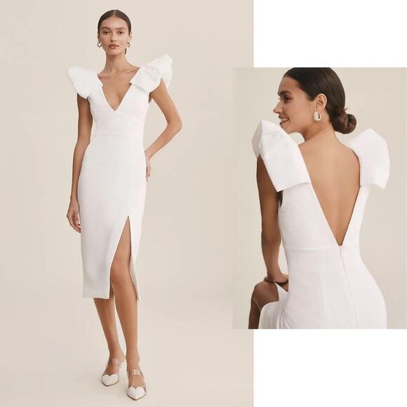 Anthropologie Rebecca Vallance Puff Sleeve V Neck Midi Dress 6 White NWT - Picture 1 of 14